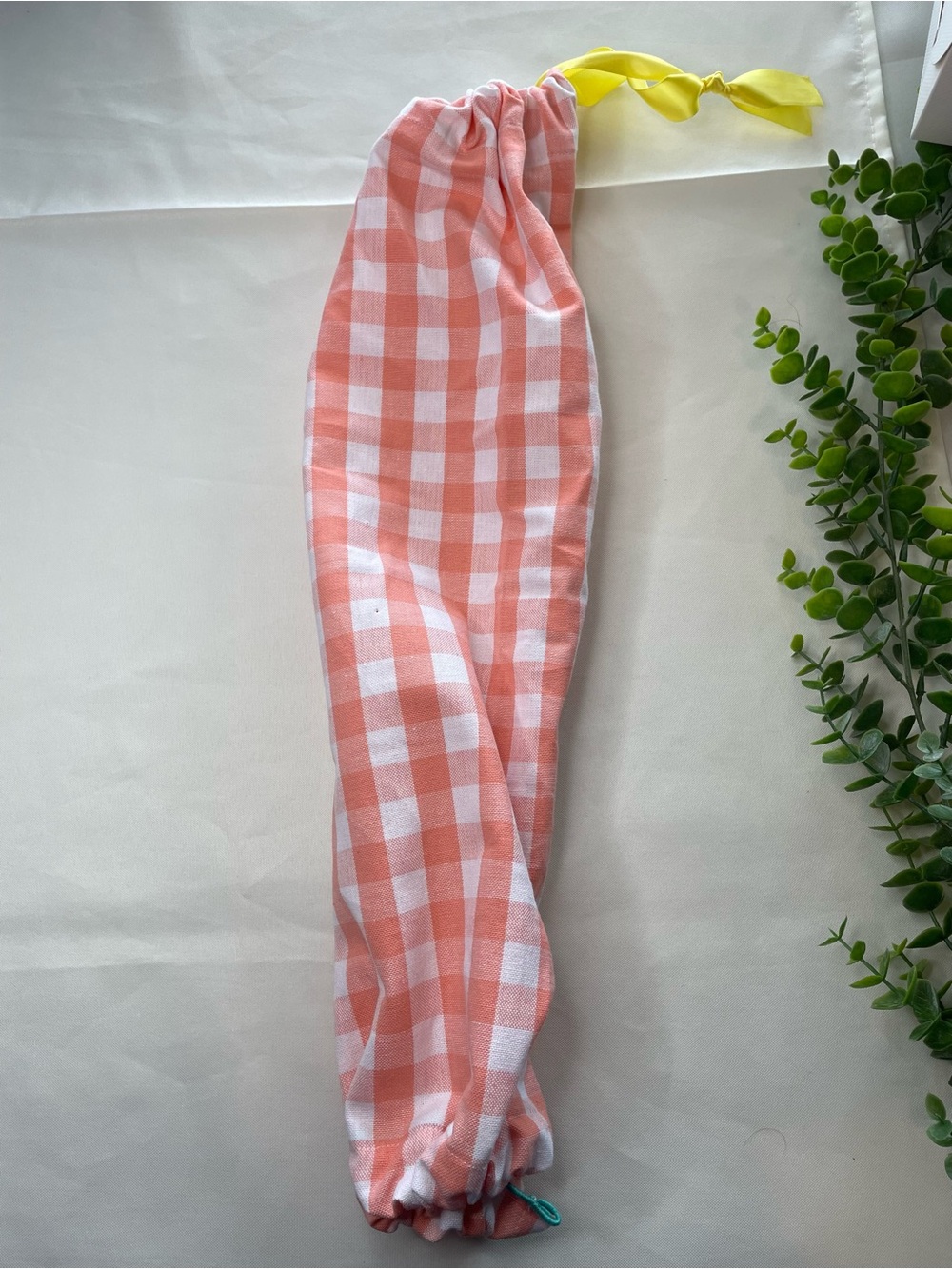 Cotton Gingham Kitchen Bag Dispenser Light Pink and White - Drawstring Storage